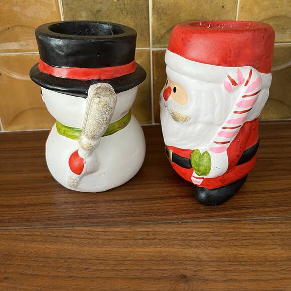 Santa Claus and Snowman Ceramic Candle Holders Christmas - Picture 3 of 9